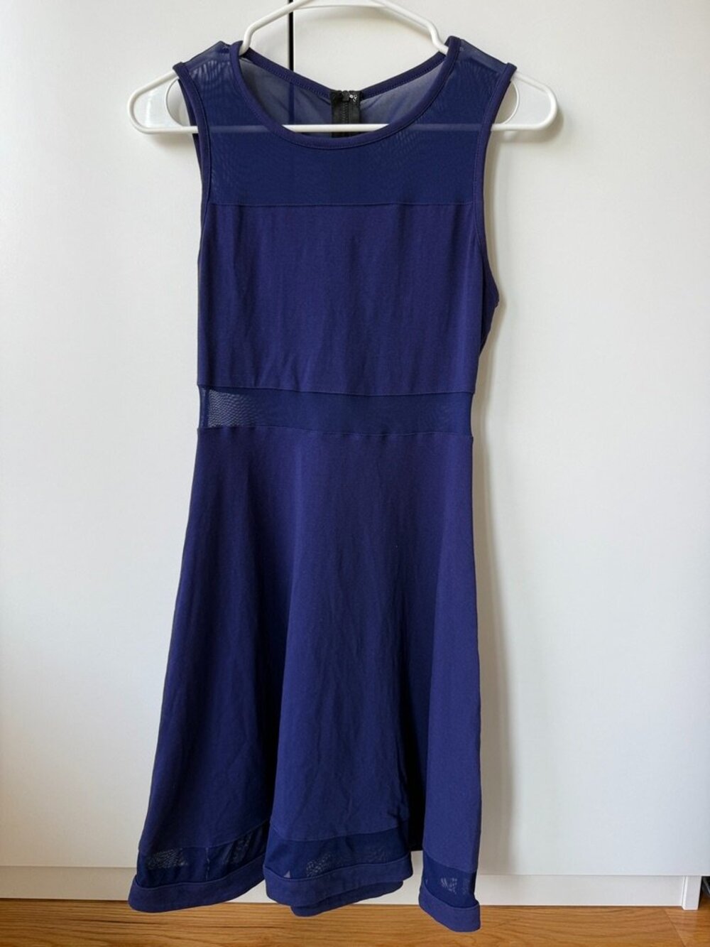Express sapphire blue sleeveless dress with mesh waist and hem